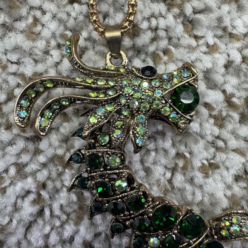 Betsey Johnson Green Dragon 3D Pendant Necklace Rhinestones Fantasy - Picture 3 of 7